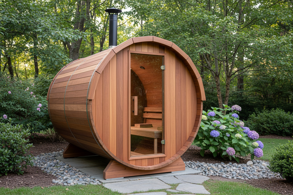 Premium Outdoor Barrel Sauna – 2–6 Person | Western Red Cedar | Electric or Wood Stove Options

